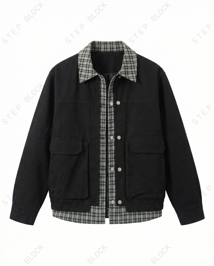 STEP BLOCK ST052 Plaid Contrast Collar Utility Pocket Workwear Jacket