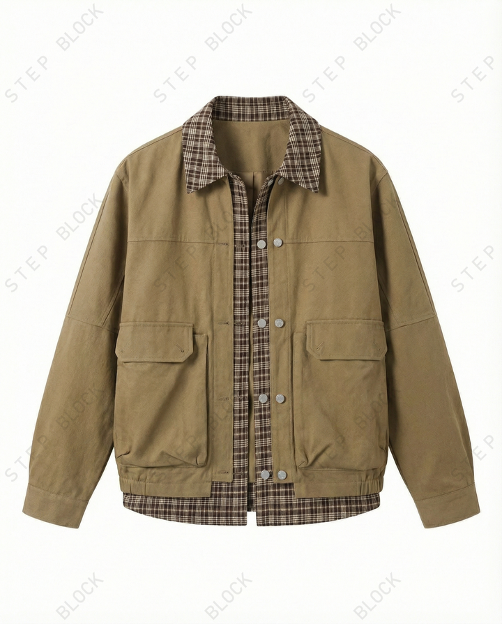 STEP BLOCK ST052 Plaid Contrast Collar Utility Pocket Workwear Jacket
