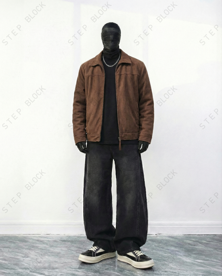 STEP BLOCK ST026 Washed Suede-Like Stand Collar Oversized Workwear Jacket