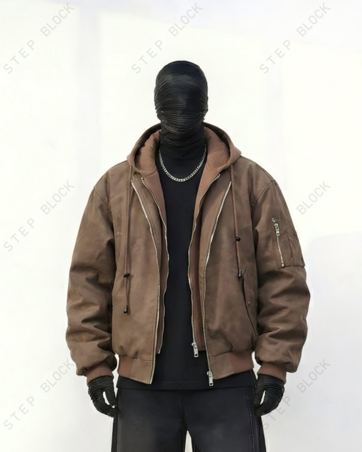 STEP BLOCK ST039 Washed Distressed Faux Leather Oversized Bomber Jacket