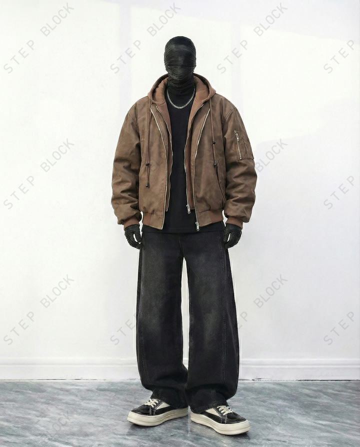 STEP BLOCK ST039 Washed Distressed Faux Leather Oversized Bomber Jacket