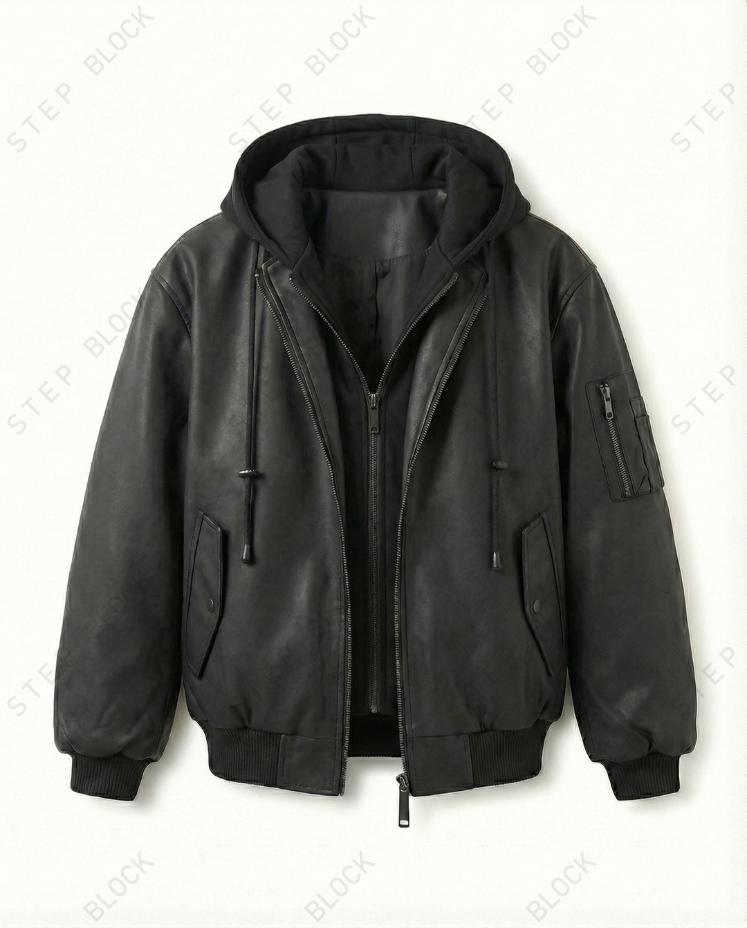 STEP BLOCK ST039 Washed Distressed Faux Leather Oversized Bomber Jacket