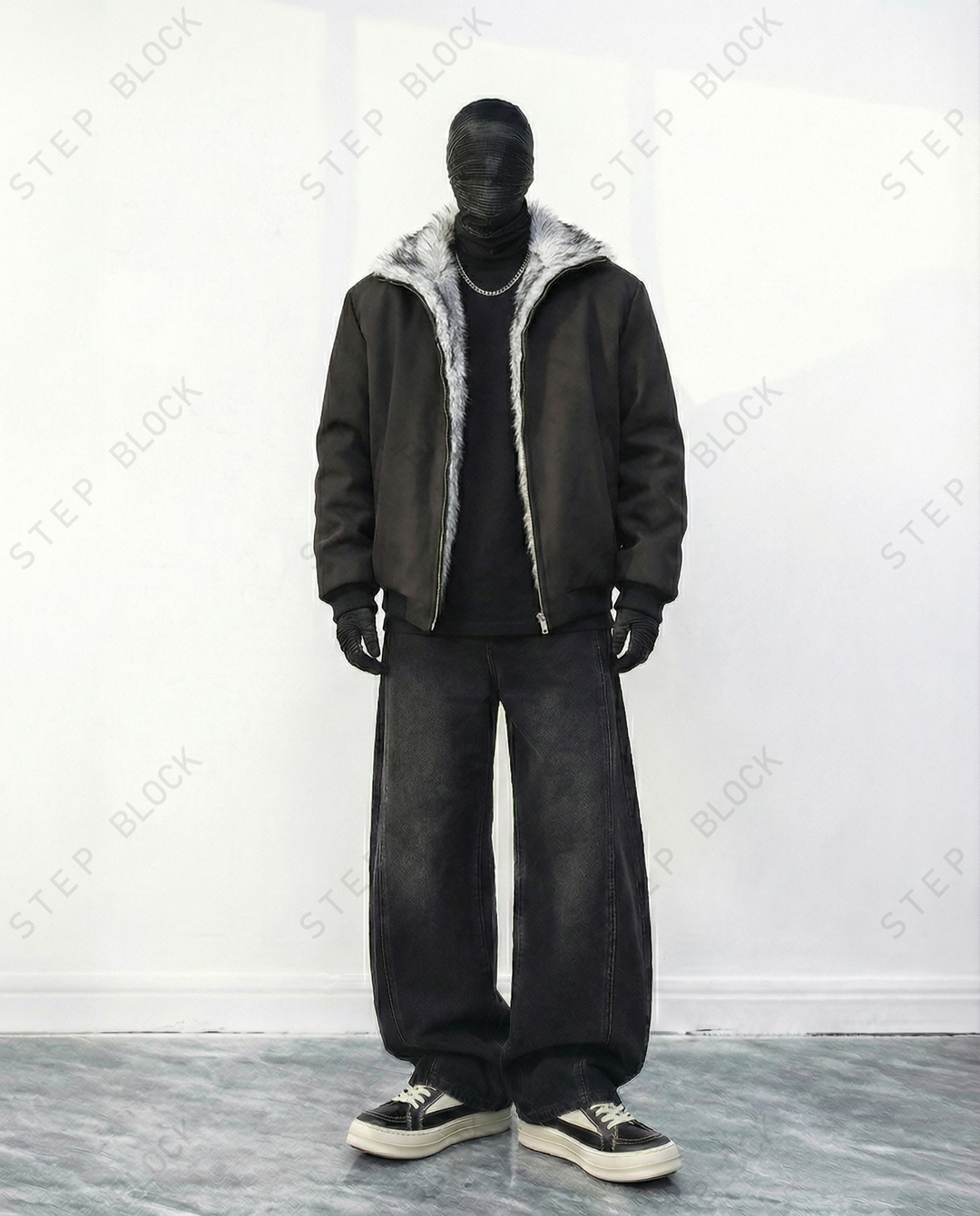 STEP BLOCK ST044 Reversible Shearling Lined Ribbed Collar Bomber Jacket