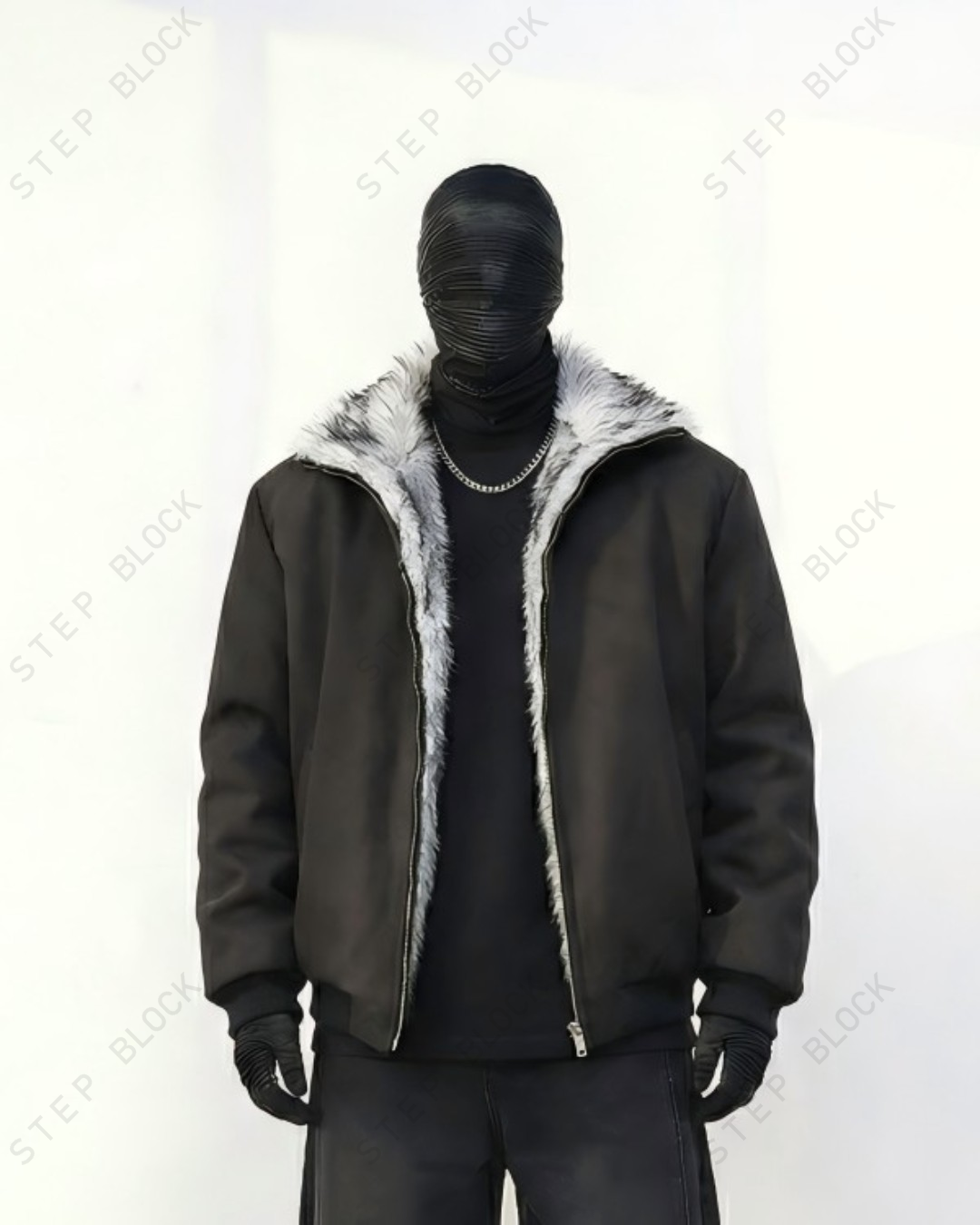 STEP BLOCK ST044 Reversible Shearling Lined Ribbed Collar Bomber Jacket