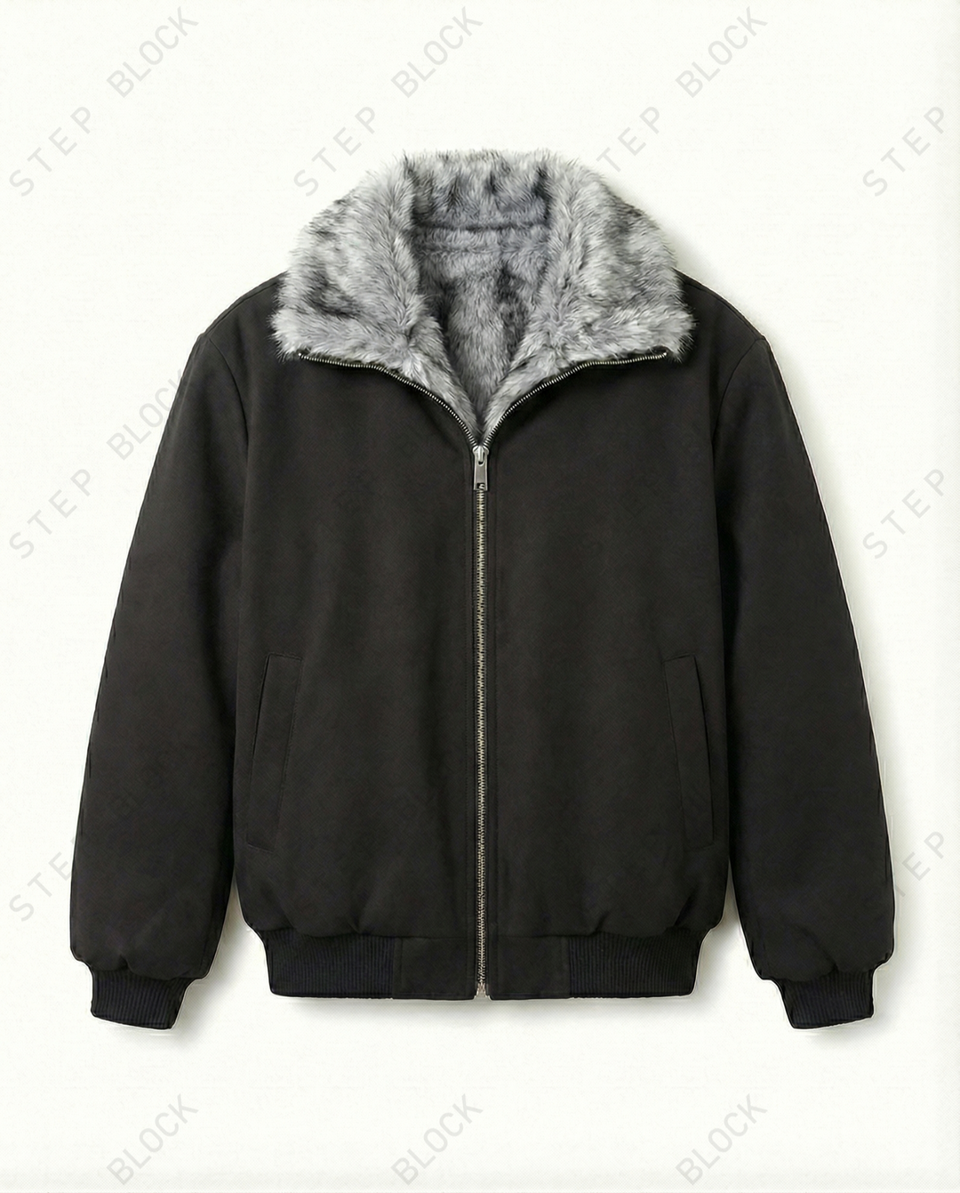 STEP BLOCK ST044 Reversible Shearling Lined Ribbed Collar Bomber Jacket