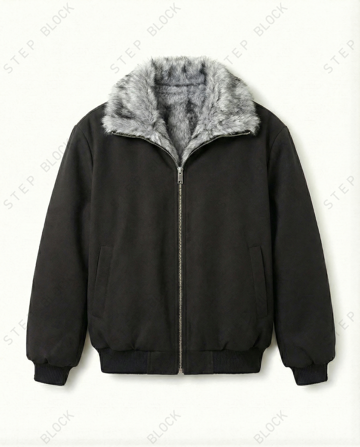 STEP BLOCK ST044 Reversible Shearling Lined Ribbed Collar Bomber Jacket