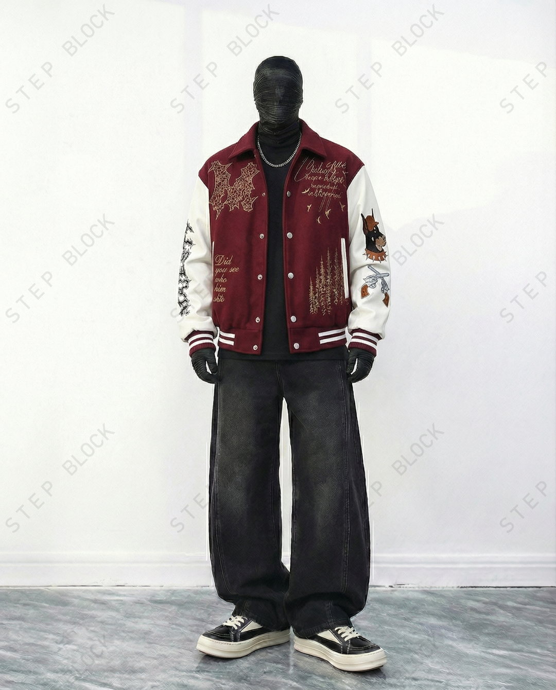 STEP BLOCK ST060 Embroidered Graphic Ribbed Collar Varsity Baseball Jacket