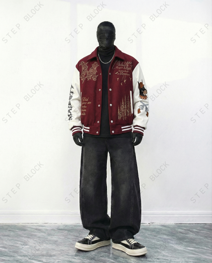 STEP BLOCK ST060 Embroidered Graphic Ribbed Collar Varsity Baseball Jacket