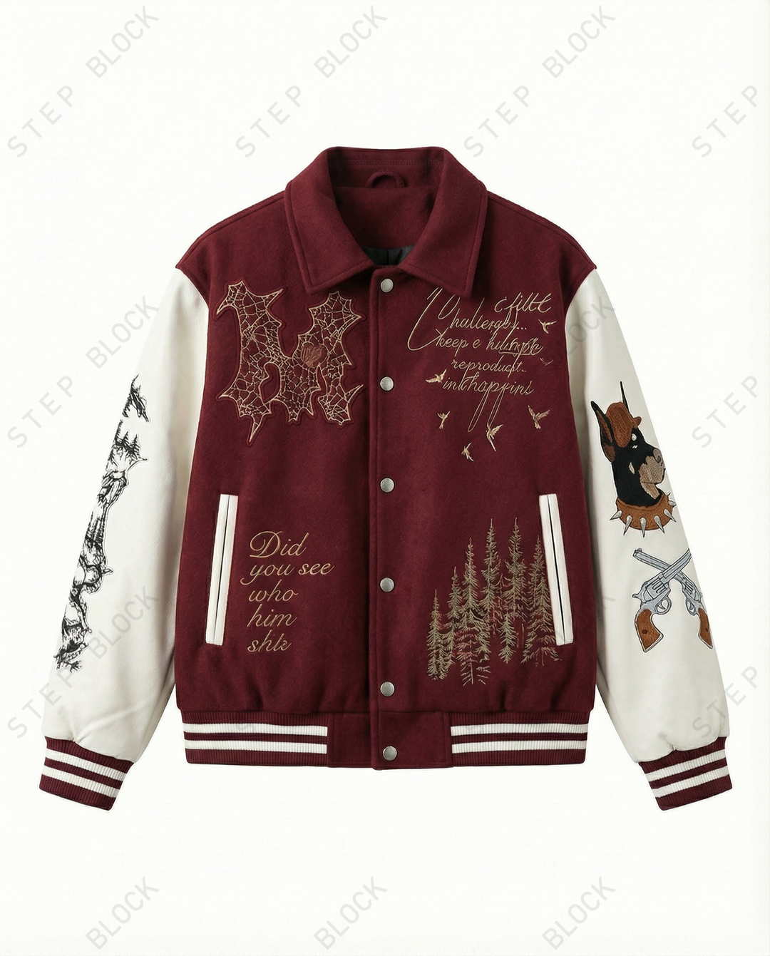 STEP BLOCK ST060 Embroidered Graphic Ribbed Collar Varsity Baseball Jacket
