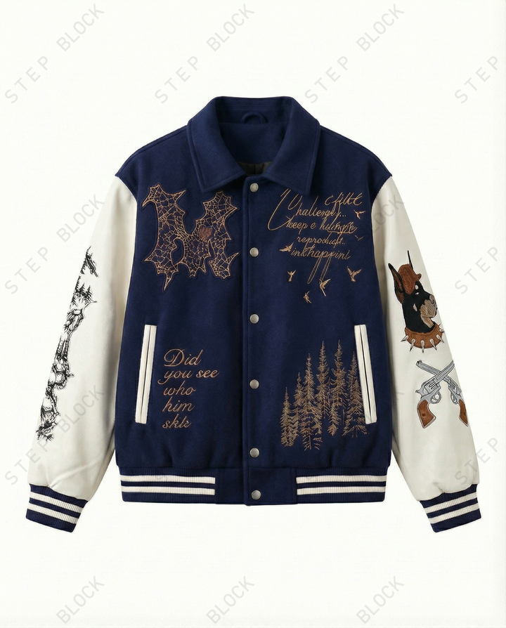 STEP BLOCK ST060 Embroidered Graphic Ribbed Collar Varsity Baseball Jacket