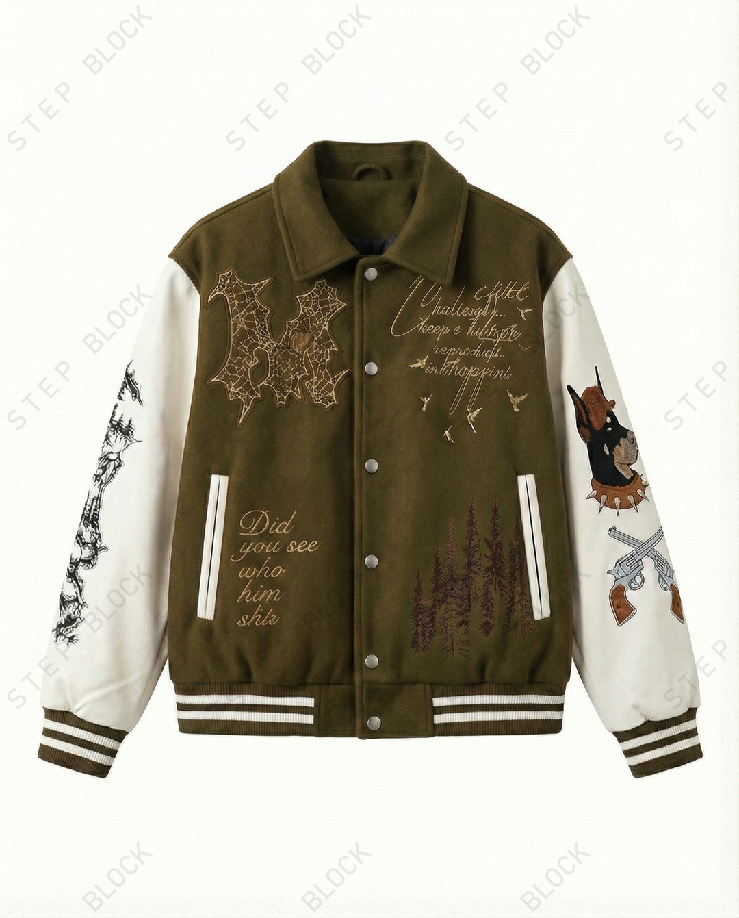 STEP BLOCK ST060 Embroidered Graphic Ribbed Collar Varsity Baseball Jacket