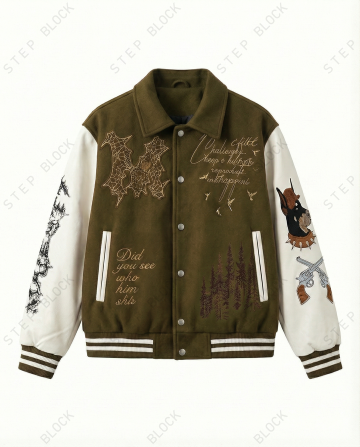 STEP BLOCK ST060 Embroidered Graphic Ribbed Collar Varsity Baseball Jacket