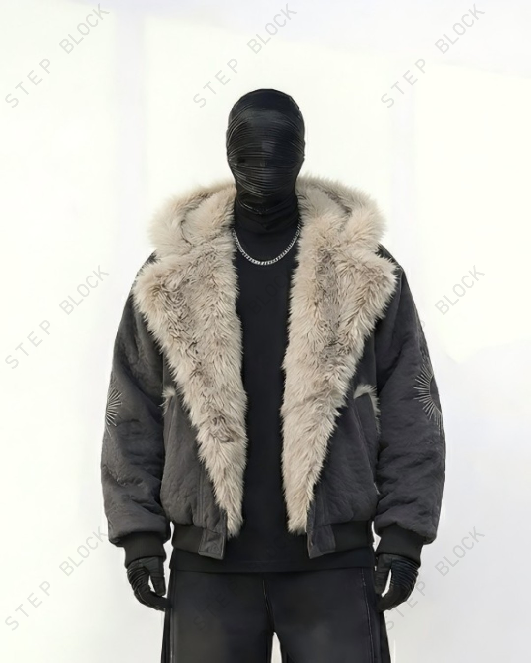 STEP BLOCK ST051 Oversized Shearling Lined Washed Denim Hooded Jacket