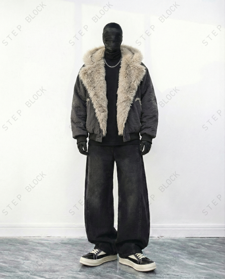 STEP BLOCK ST051 Oversized Shearling Lined Washed Denim Hooded Jacket