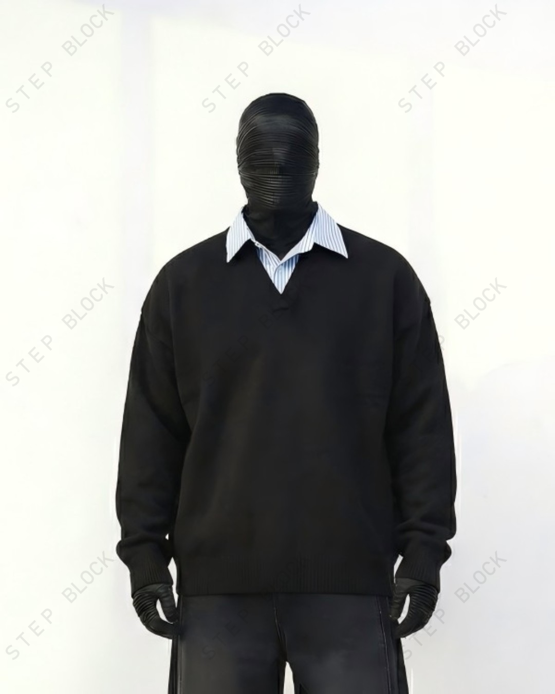 STEP BLOCK ST041 Faux Layered Collared V-Neck Oversized Knit Sweater