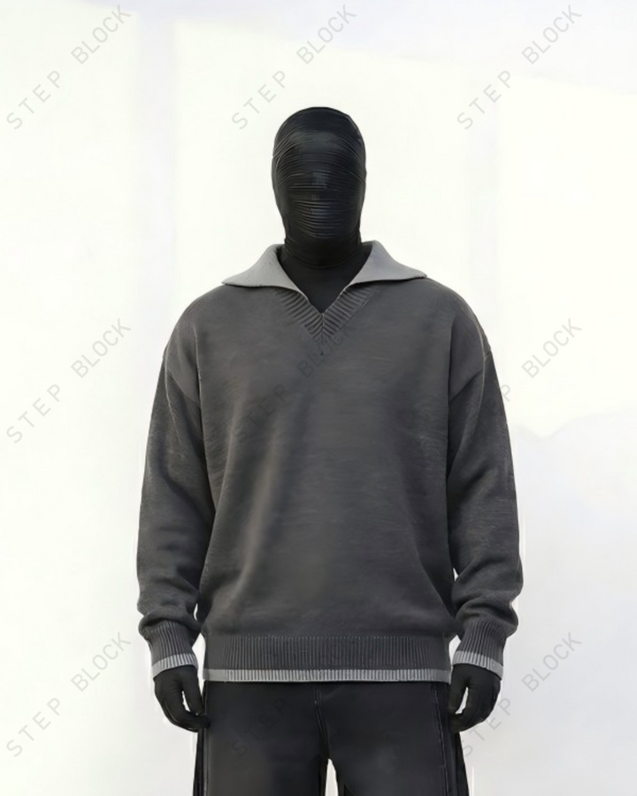 STEP BLOCK ST059 Denim Collar Faux Layered Oversized Knit Sweater
