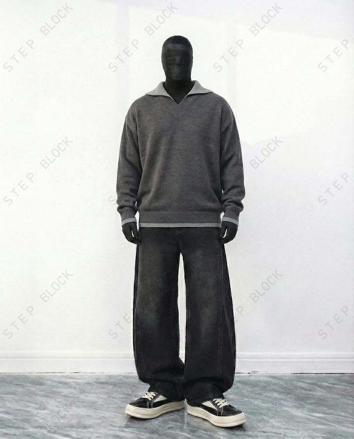 STEP BLOCK ST059 Denim Collar Faux Layered Oversized Knit Sweater