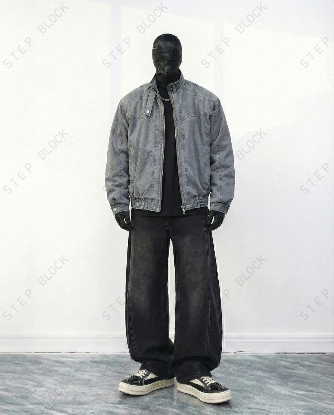 STEP BLOCK ST035 Washed Distressed Oversized Bomber Jacket