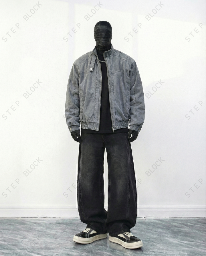 STEP BLOCK ST035 Washed Distressed Oversized Bomber Jacket