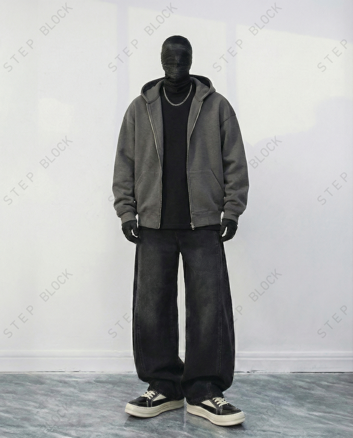 STEP BLOCK ST042 Minimalist Full-Zip Oversized Hoodie