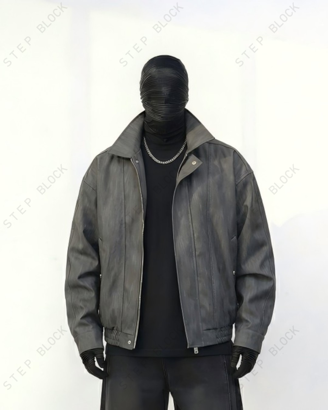 STEP BLOCK ST037 Washed Distressed Faux Leather Stand Collar Bomber Jacket