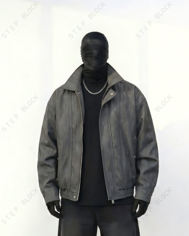 STEP BLOCK ST037 Washed Distressed Faux Leather Stand Collar Bomber Jacket