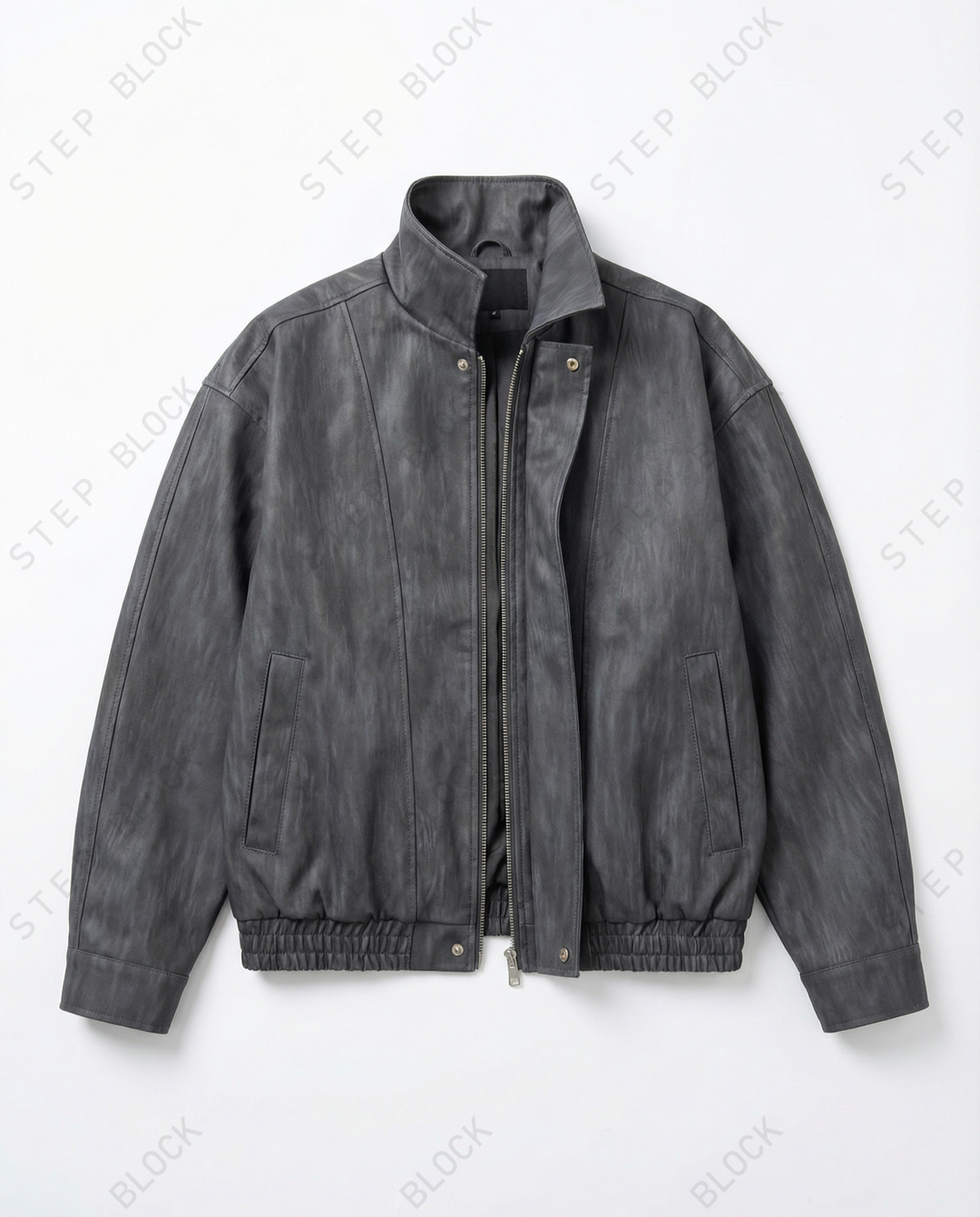 STEP BLOCK ST037 Washed Distressed Faux Leather Stand Collar Bomber Jacket