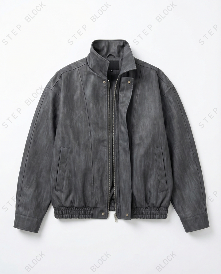 STEP BLOCK ST037 Washed Distressed Faux Leather Stand Collar Bomber Jacket