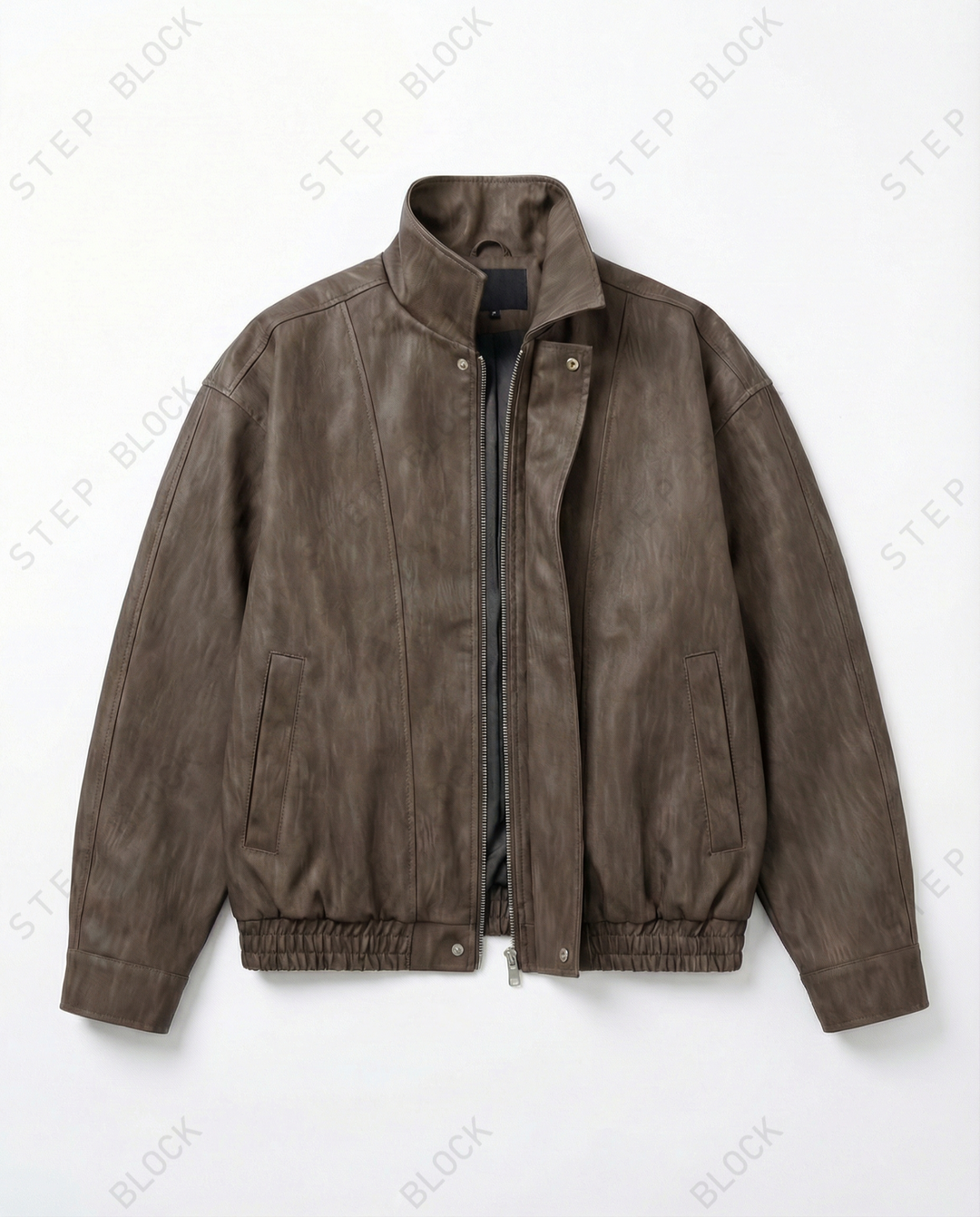 STEP BLOCK ST037 Washed Distressed Faux Leather Stand Collar Bomber Jacket