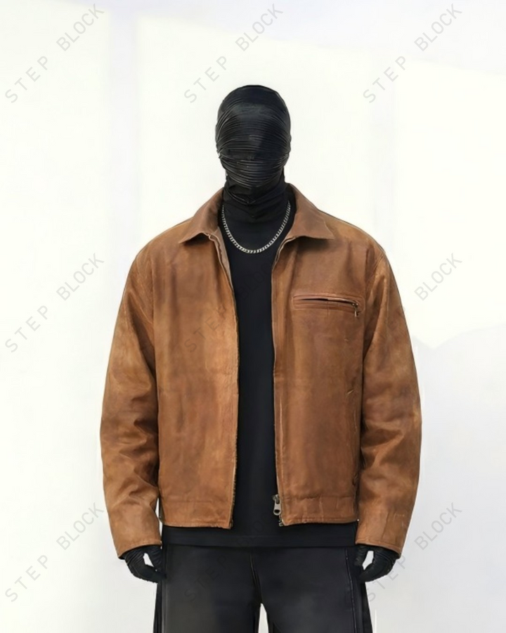 STEP BLOCK ST049 Washed Distressed Faux Leather Stand Collar Workwear Jacket