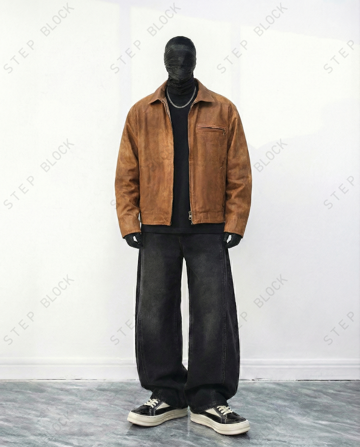 STEP BLOCK ST049 Washed Distressed Faux Leather Stand Collar Workwear Jacket