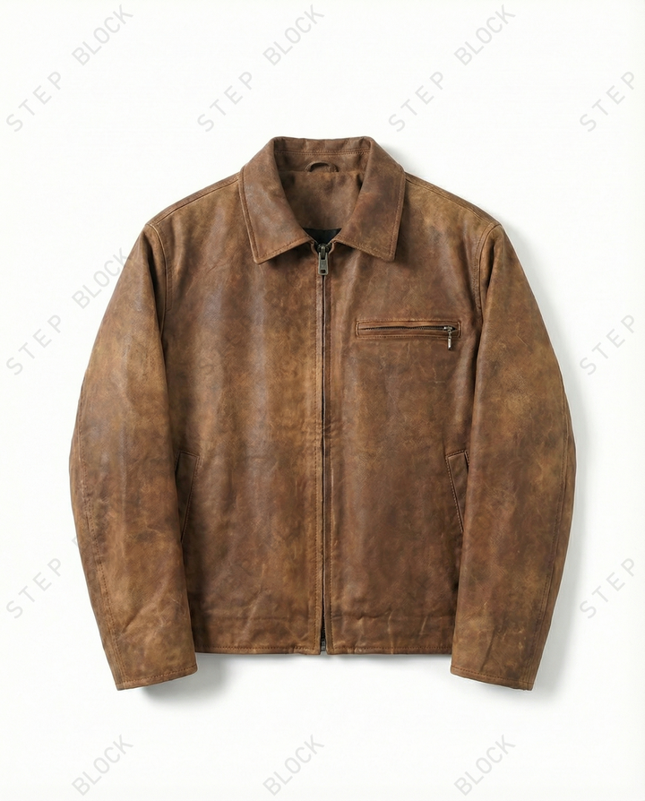 STEP BLOCK ST049 Washed Distressed Faux Leather Stand Collar Workwear Jacket