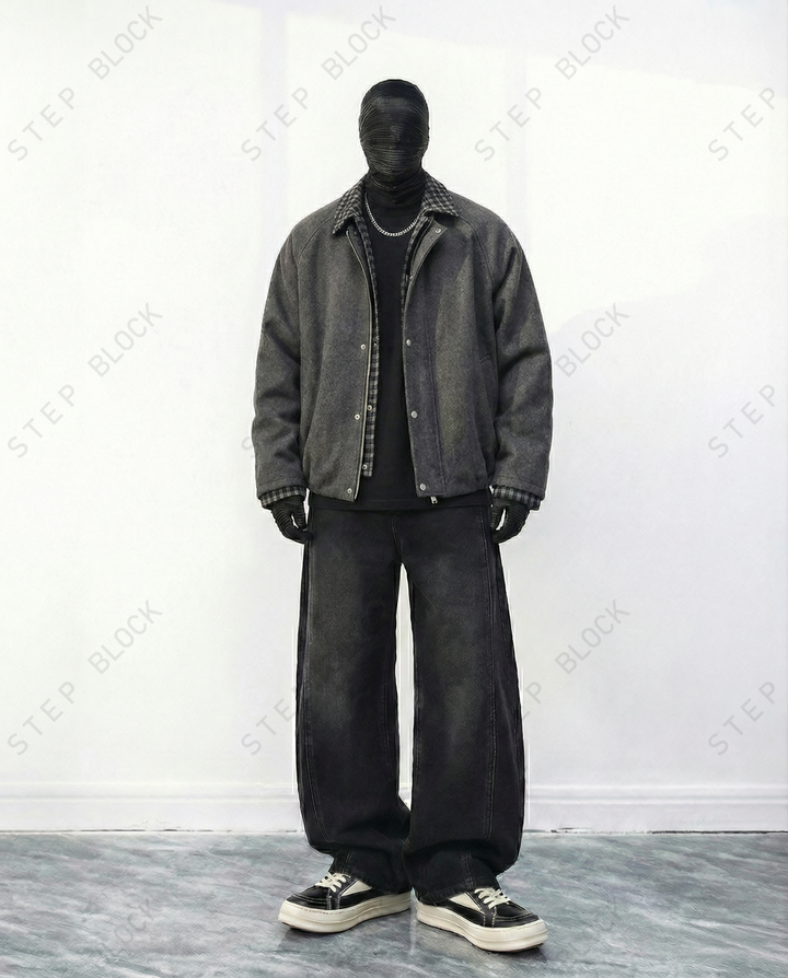STEP BLOCK ST050 Plaid Contrast Lined Stand Collar Oversized Workwear Jacket