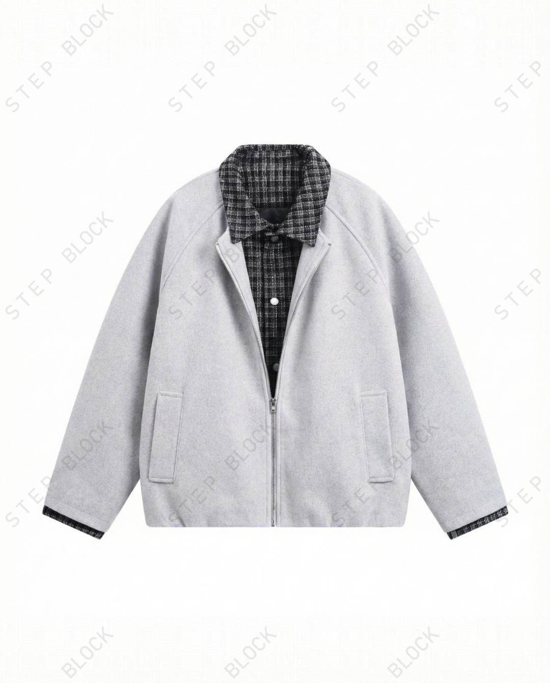 STEP BLOCK ST050 Plaid Contrast Lined Stand Collar Oversized Workwear Jacket