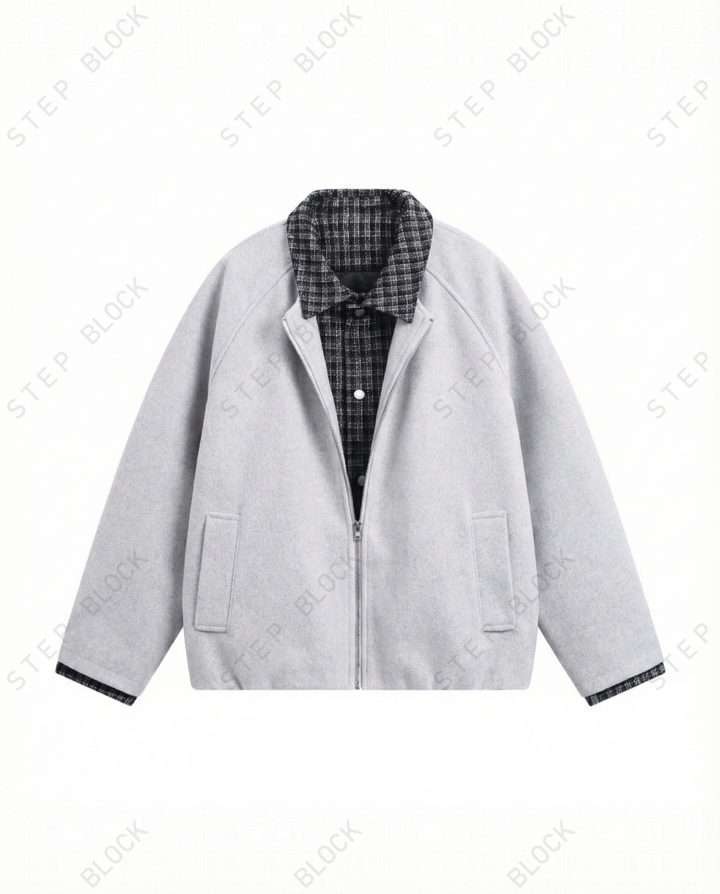 STEP BLOCK ST050 Plaid Contrast Lined Stand Collar Oversized Workwear Jacket