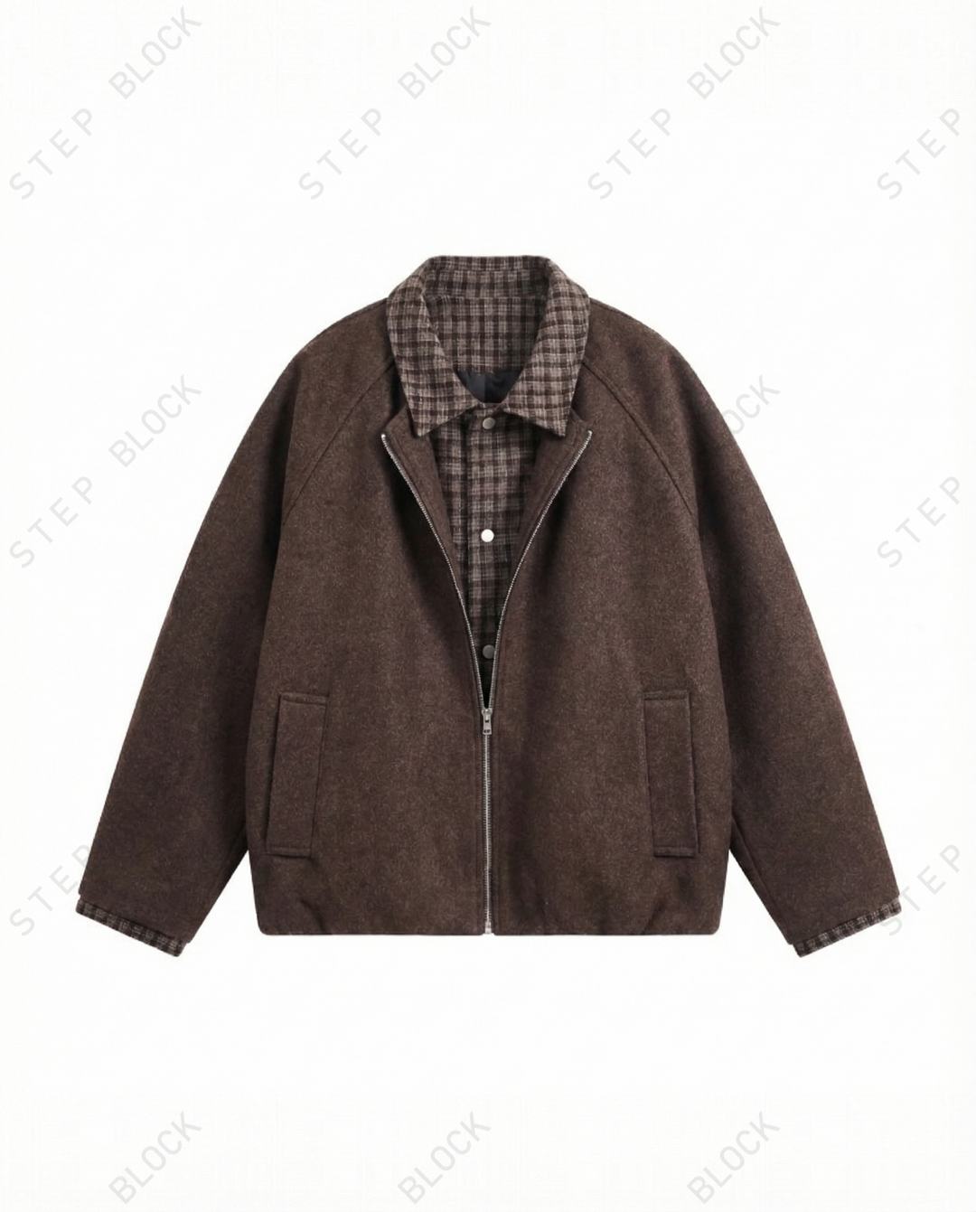 STEP BLOCK ST050 Plaid Contrast Lined Stand Collar Oversized Workwear Jacket