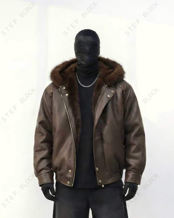 STEP BLOCK ST043 Cropped Shearling Collar Washed Faux Leather Bomber Jacket