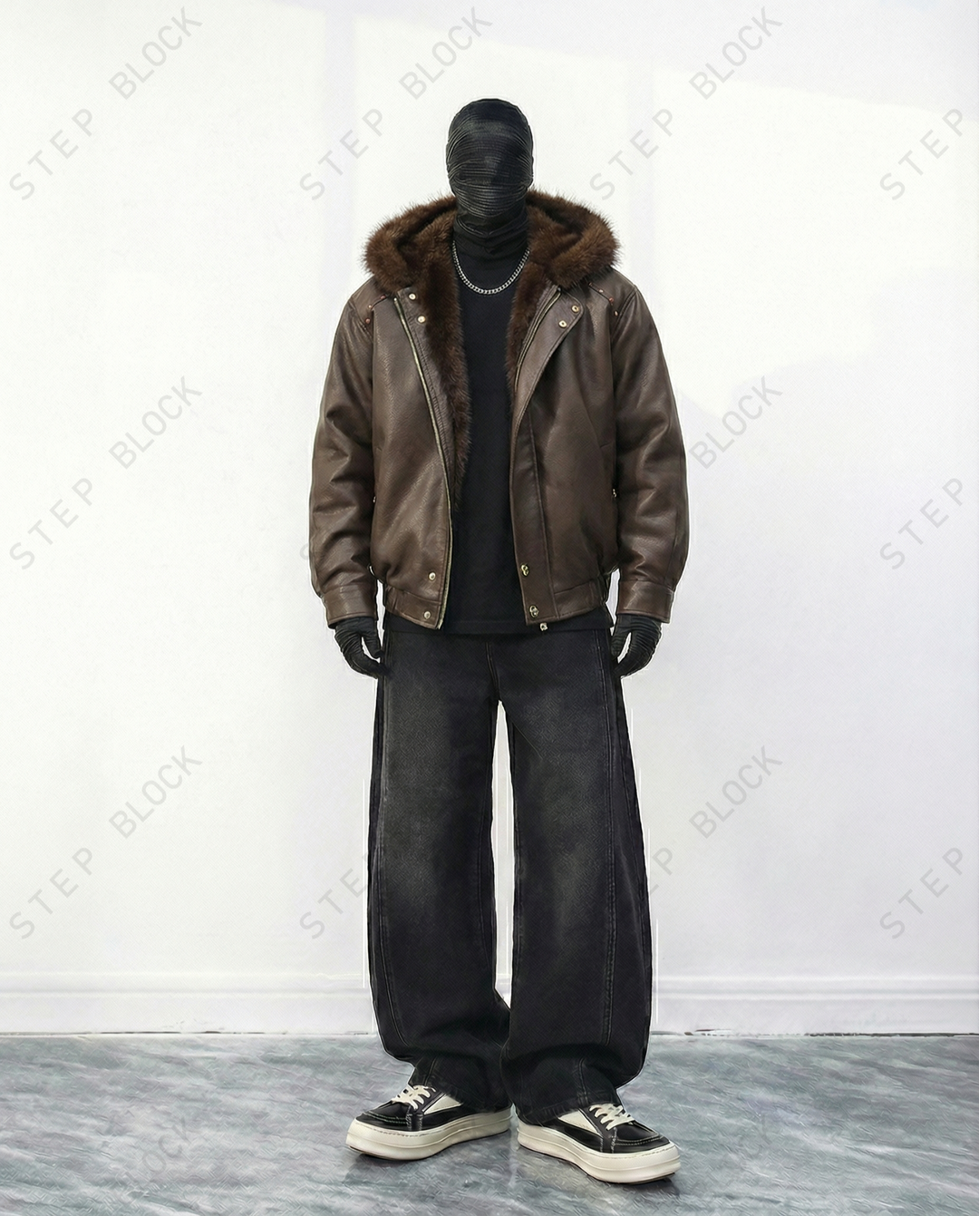 STEP BLOCK ST043 Cropped Shearling Collar Washed Faux Leather Bomber Jacket