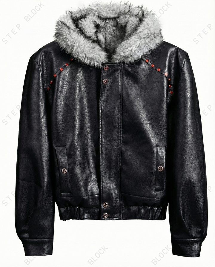 STEP BLOCK ST043 Cropped Shearling Collar Washed Faux Leather Bomber Jacket
