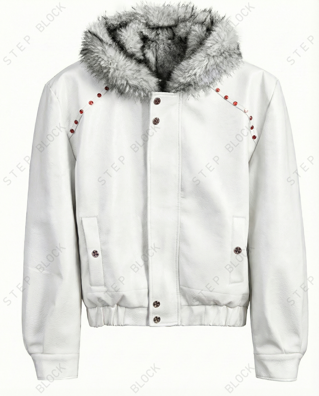 STEP BLOCK ST043 Cropped Shearling Collar Washed Faux Leather Bomber Jacket