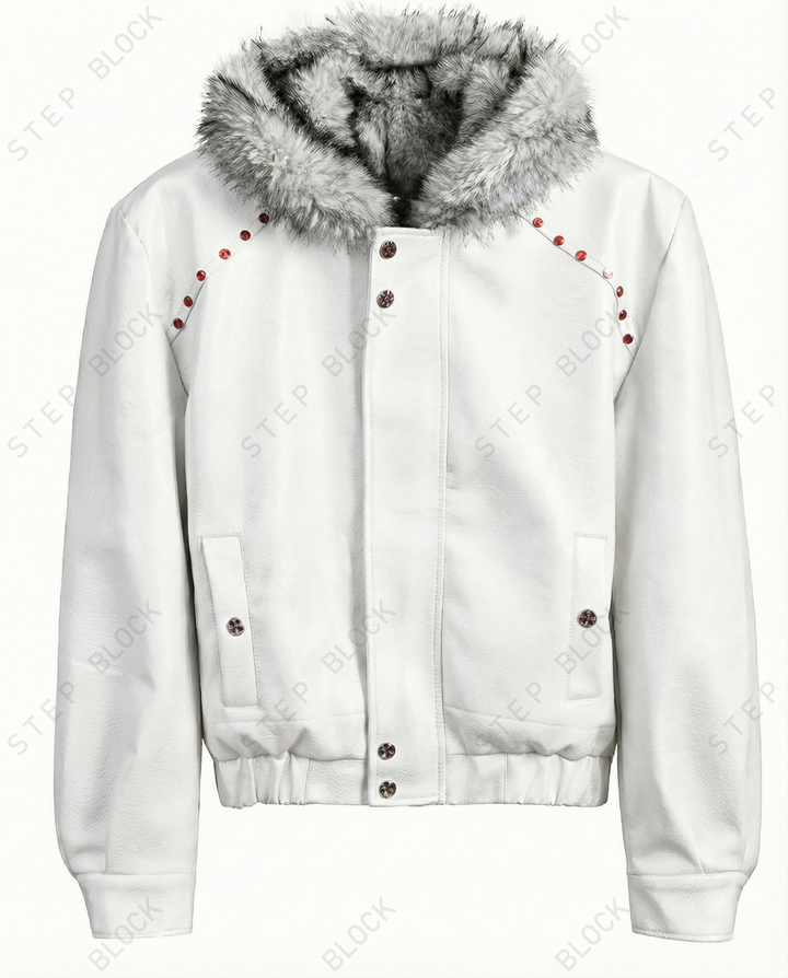 STEP BLOCK ST043 Cropped Shearling Collar Washed Faux Leather Bomber Jacket