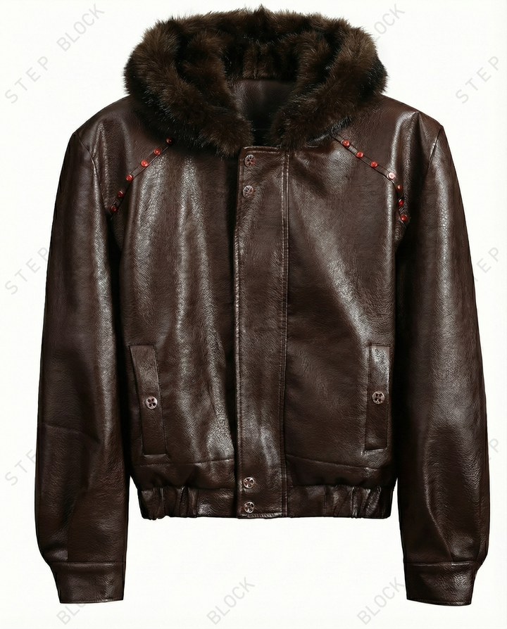 STEP BLOCK ST043 Cropped Shearling Collar Washed Faux Leather Bomber Jacket