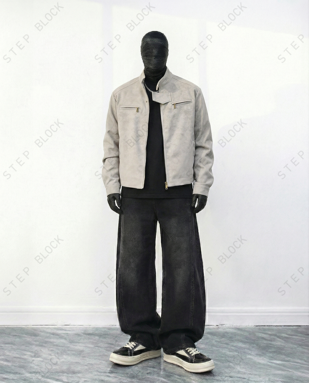 STEP BLOCK ST058 Washed Distressed Minimalist Stand Collar Workwear Jacket