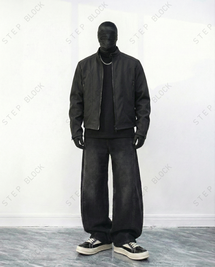 STEP BLOCK ST053 Minimalist Stand Collar Washed Zip-Up Harrington Jacket