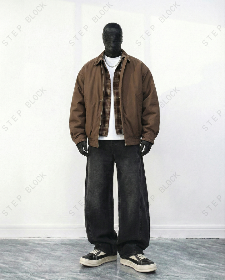 STEP BLOCK ST046 Plaid Lined Shearling Collar Washed Workwear Jacket