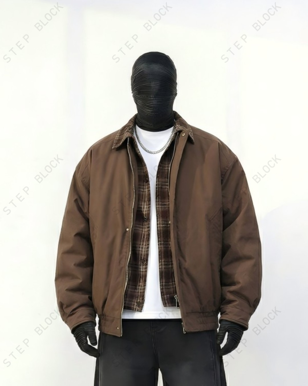 STEP BLOCK ST046 Plaid Lined Shearling Collar Washed Workwear Jacket