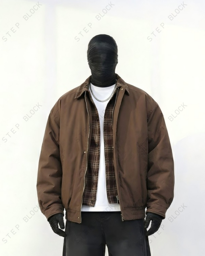 STEP BLOCK ST046 Plaid Lined Shearling Collar Washed Workwear Jacket