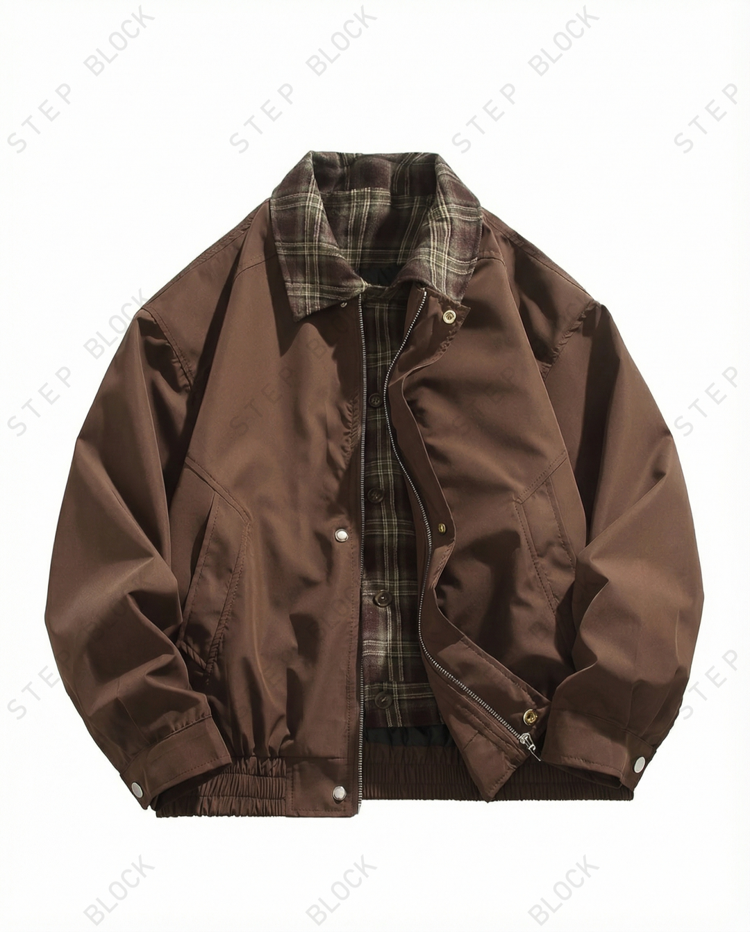 STEP BLOCK ST046 Plaid Lined Shearling Collar Washed Workwear Jacket