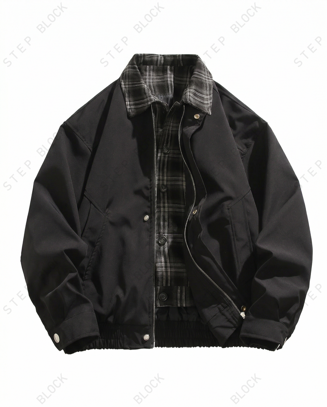 STEP BLOCK ST046 Plaid Lined Shearling Collar Washed Workwear Jacket