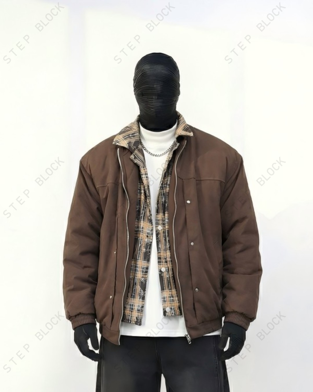 STEP BLOCK ST027 Plaid Lined Stand Collar Oversized Workwear Jacket